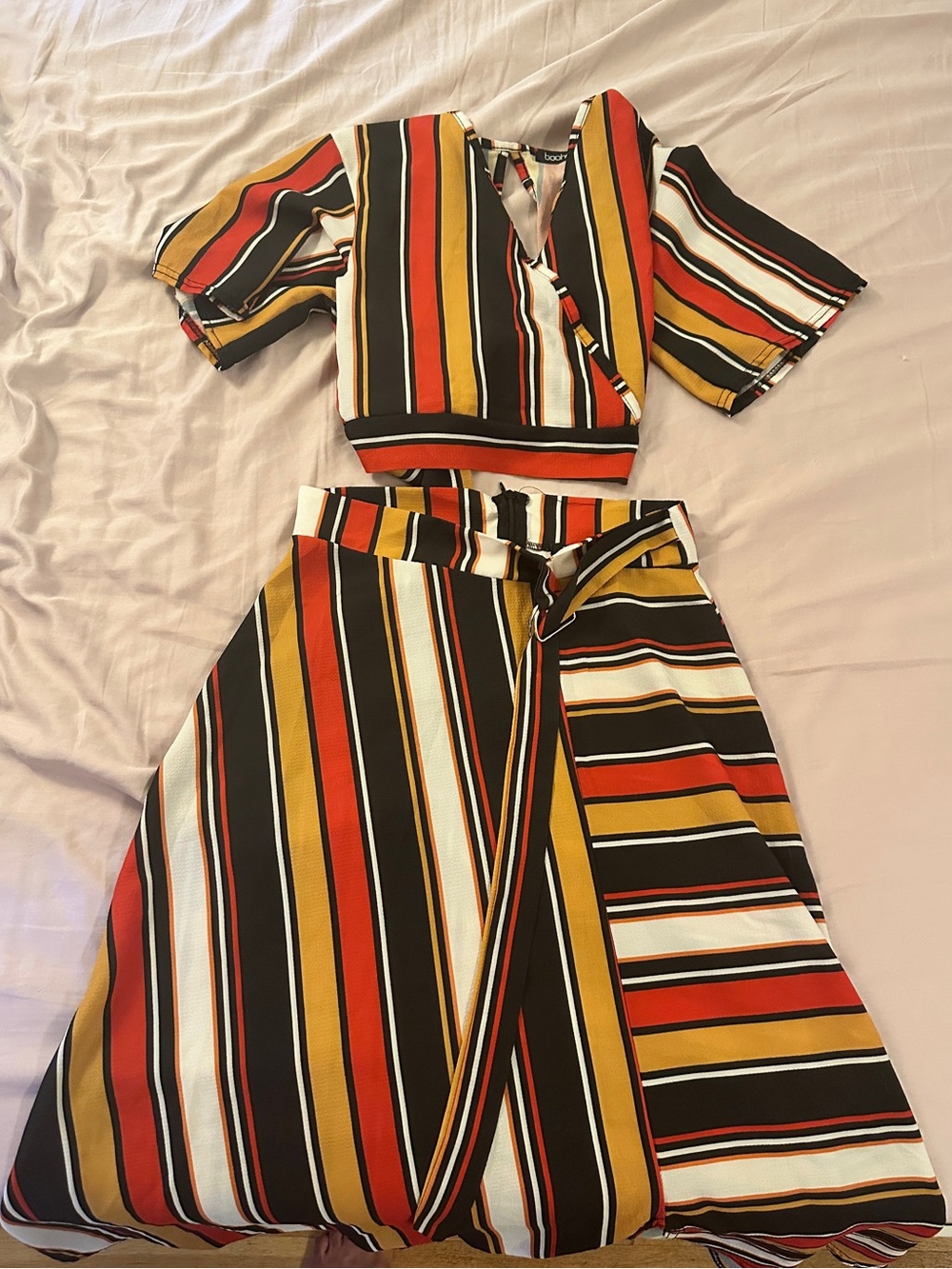 Boohoo Vibrant Striped Cropped Top/Midi Skirt Set Combo
